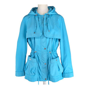 2K Betsey Johnson Hooded Windbreaker Women L Blue Leopard Lined Zip Rain Jacket